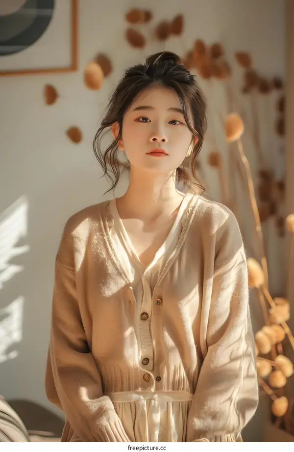 Young Woman in a Beige Cardigan  Posing with a Soft and Natural Light