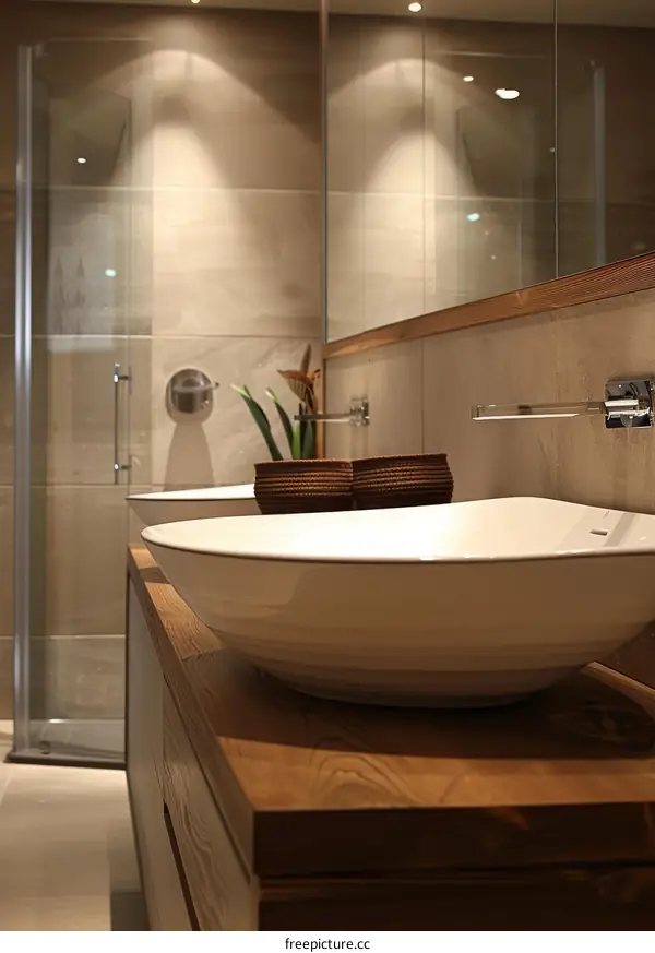Bathroom interior with ceramic washbasin and wooden shelf