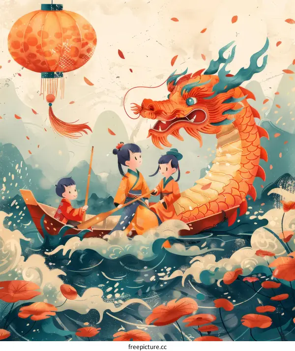 Three children are sitting in a boat with a dragon head, and a lantern is hanging above them