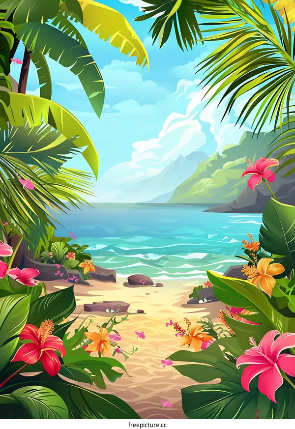 Tropical Beach with Lush Green Palm Trees and Colorful Flowers