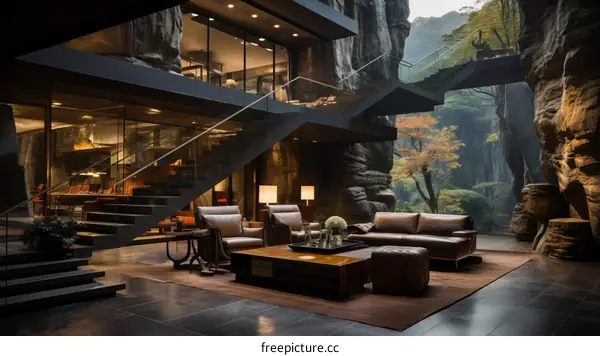 Modern Luxury Home with Expansive Windows and Stone Walls