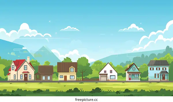 Cartoon Illustration of Houses in a Green Meadow
