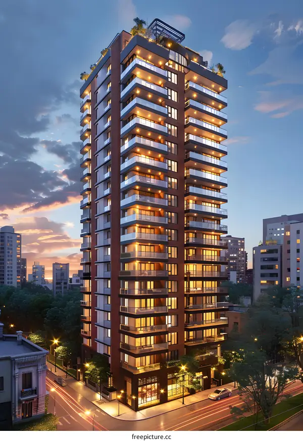 An illustration of a tall apartment building with many balconies and a lot of windows.