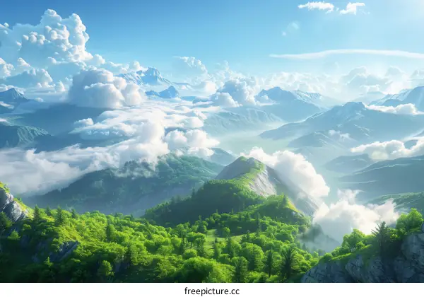 Majestic Mountain Scenery with Clouds and Lush Vegetation