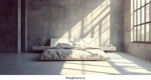 Minimalist Bedroom Interior Design With Concrete Wall and Large Window