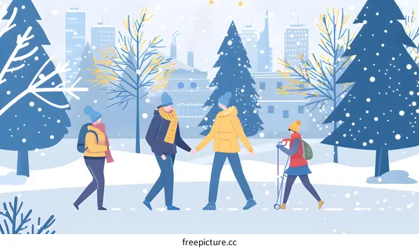 Winter Family Walking in Snow Cityscape Illustration