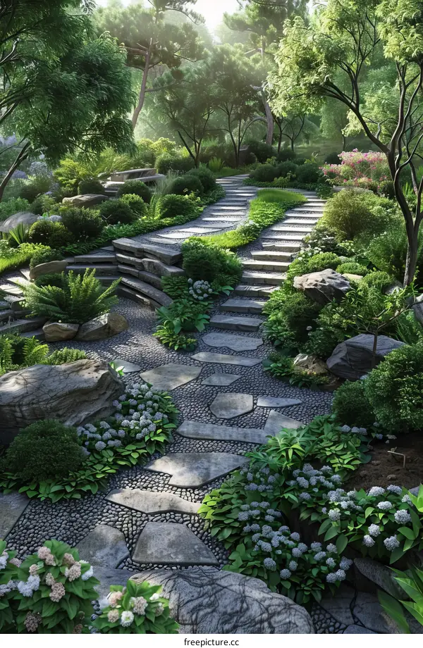 Serene Garden Pathway with Stone Steps