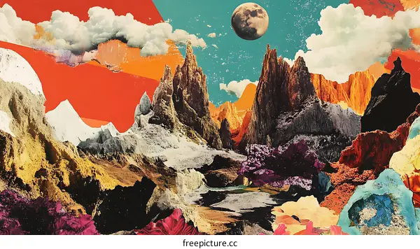 Abstract Mountain Landscape with Moon and Clouds