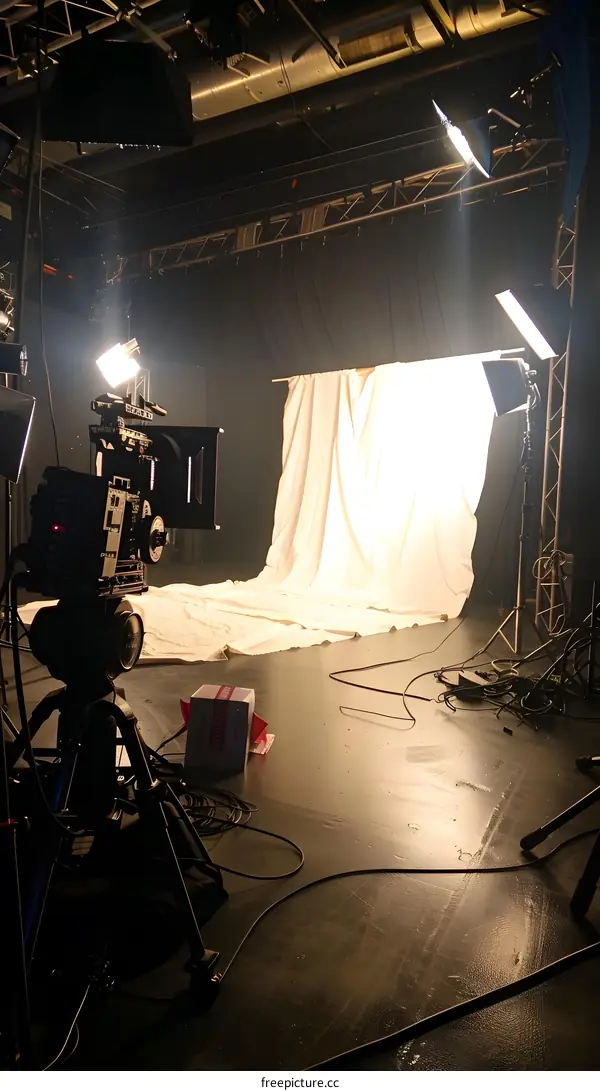 Behind the Scenes of a Film Set with Lighting Equipment and Camera