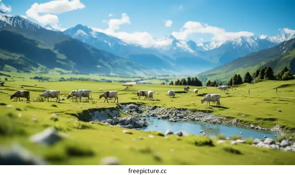 Cows grazing in lush green meadows in front of snow-capped mountains