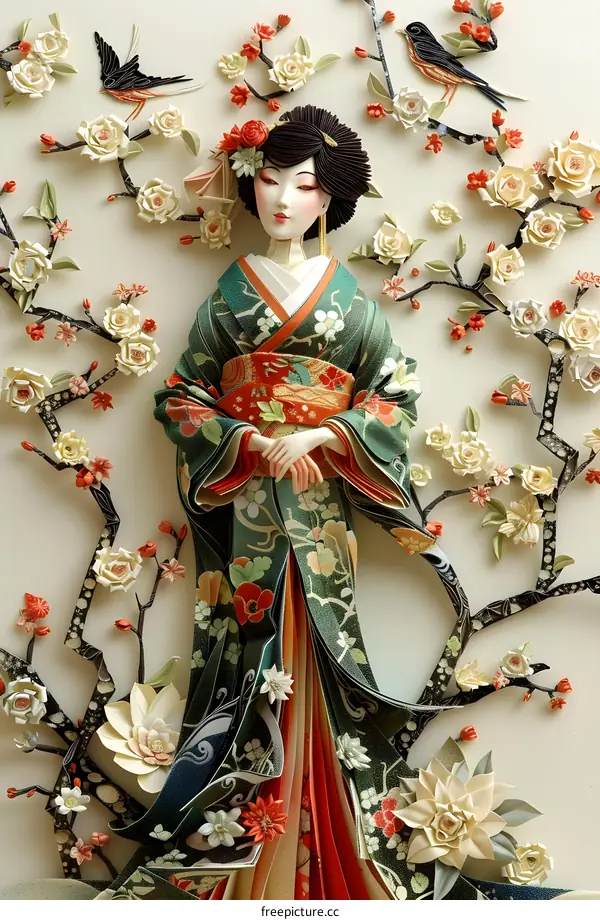 A Japanese woman wearing a kimono stands in a garden of cherry blossoms.