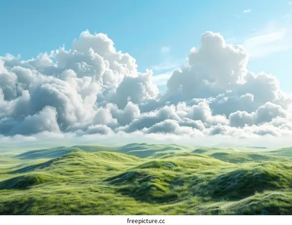 Green Hills with White Fluffy Clouds in the Blue Sky