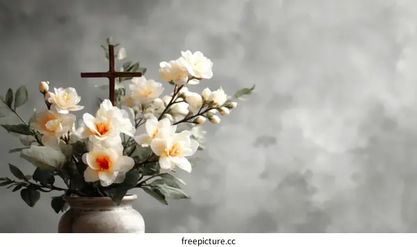 Floral Arrangement with Cross on Gray Background