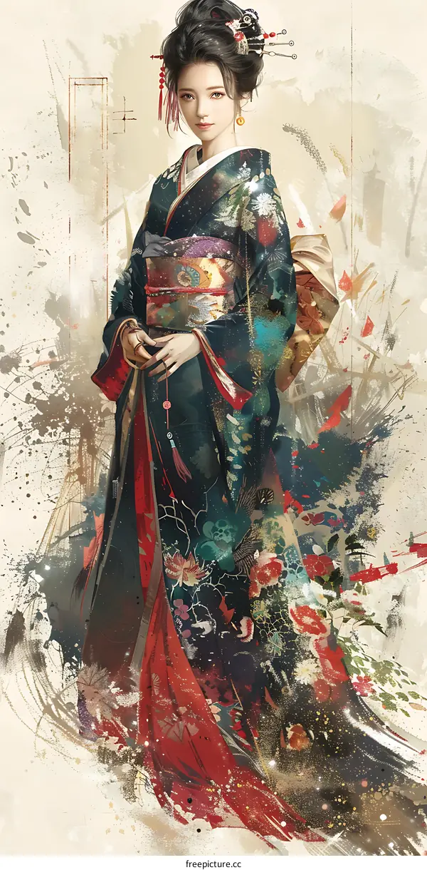 An Asian woman wearing a kimono with a red and white background