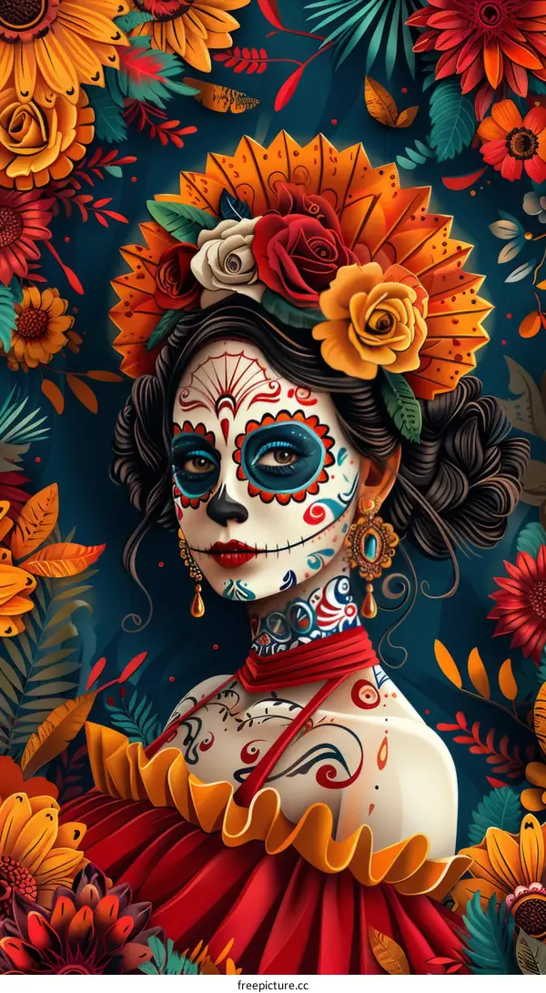 Day of the Dead Celebration: Woman in Traditional Mexican Headdress