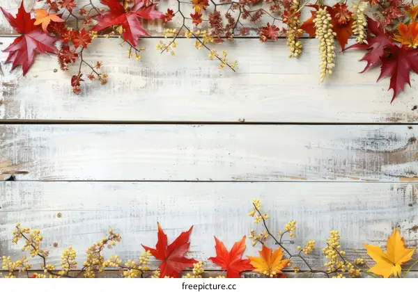 Autumn Leaves and Berries Frame on Rustic White Wood