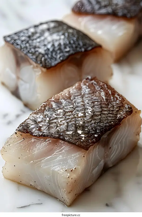 Close-up of pieces of salted cod on a marble surface