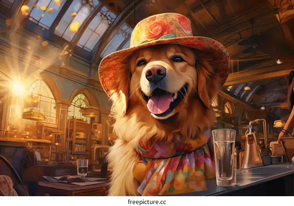 A golden retriever wearing a hat and scarf sits in a cafe