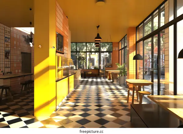 Yellow Wall Interior Design Cafe With Checkered Floor