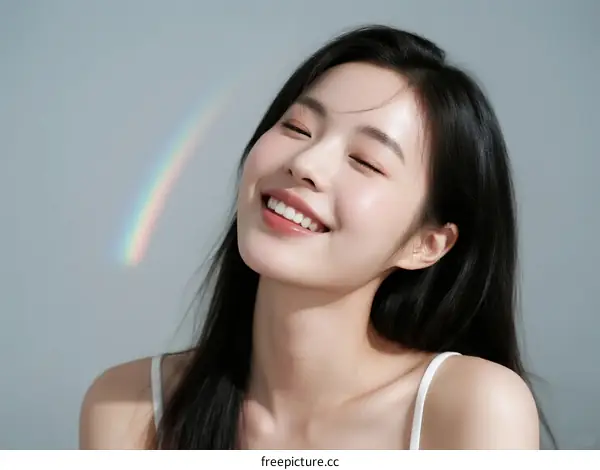 A Young Asian Woman with Long Black Hair Smiling Under Rainbow
