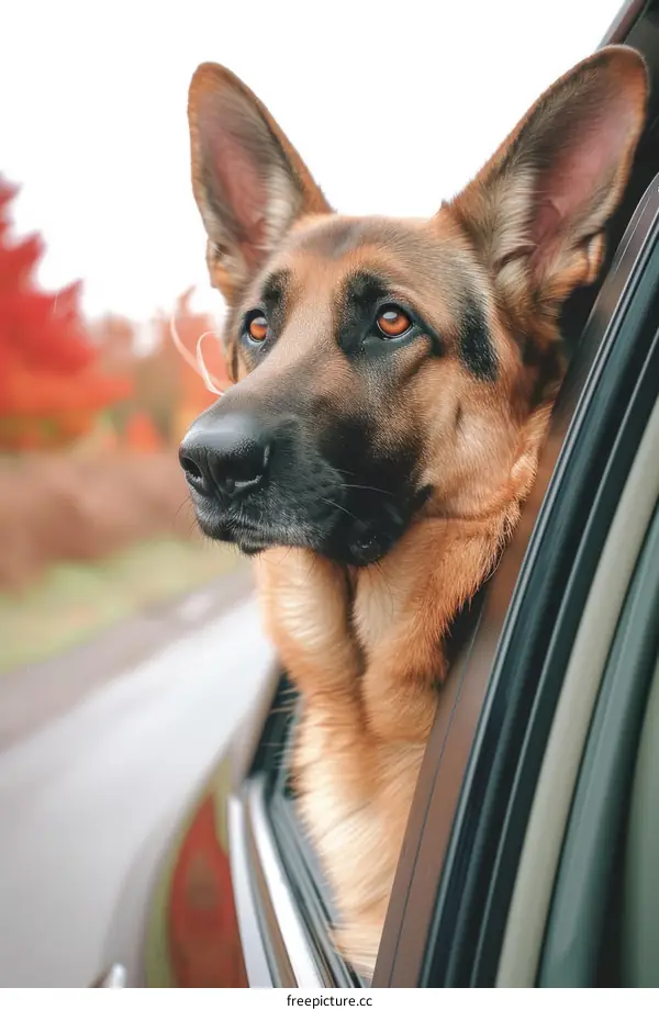 German Shepherd Dog looking out of a car window