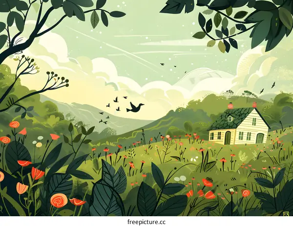 Green Hills Landscape Illustration with White House and Birds