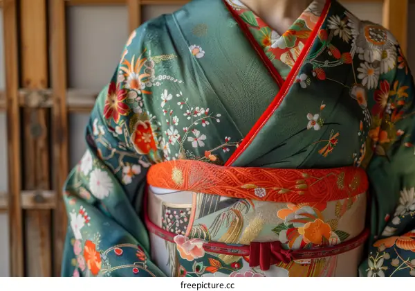A woman wearing a green kimono with floral patterns
