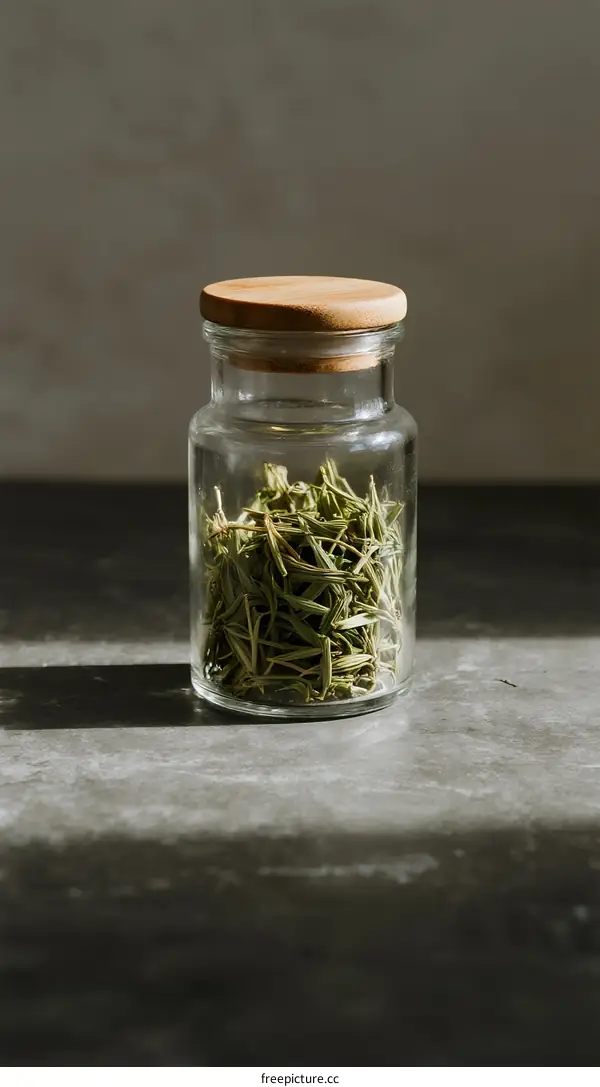 Dried rosemary leaves in a glass jar with wooden lid