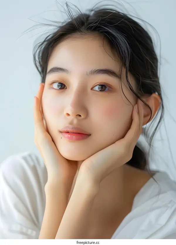 Closeup Portrait of a Young Asian Woman with Soft Skin and Makeup