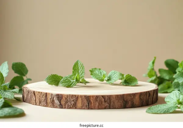 Fresh Mint Leaves on Wooden Slice