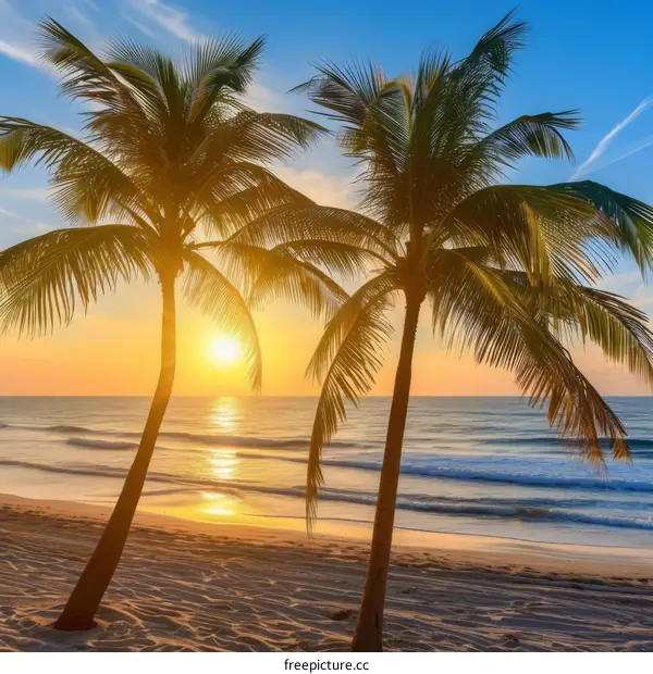 Two palm trees on a beach with a setting sun over the ocean