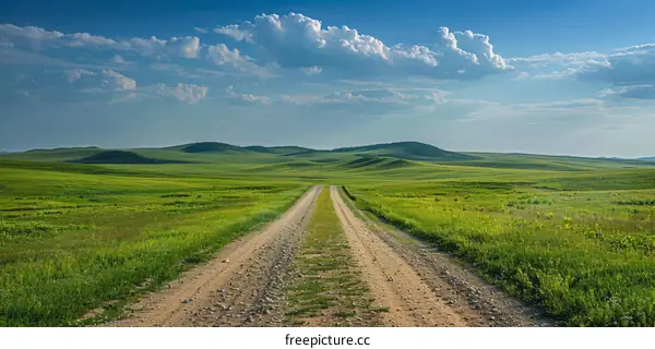 Lush Grassy Field with Dirt Road, Blue Sky and Clouds