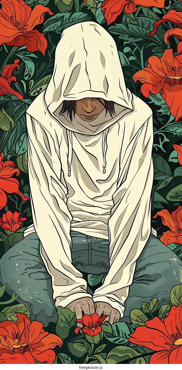 Man in White Hoodie Kneeling in a Garden of Red Flowers