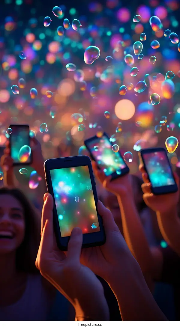 People taking pictures of a light show with their phones