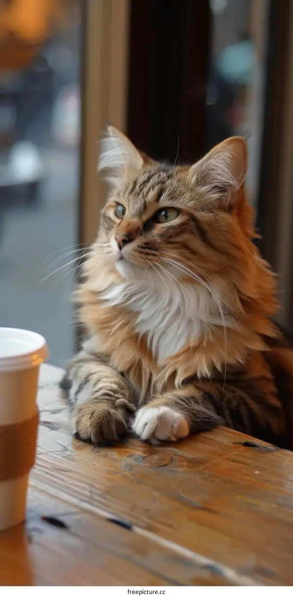 A ginger cat is sitting on a table in front of a window