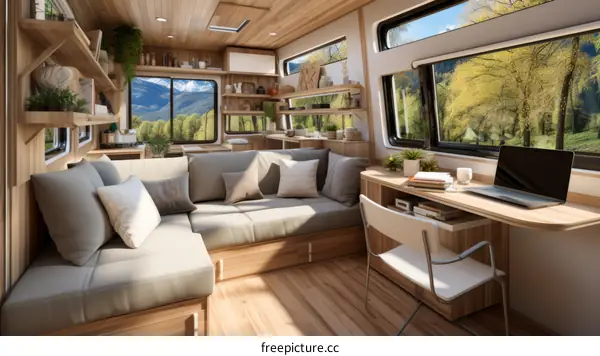 Cozy Camper Van Interior with Couch, Desk & Large Windows