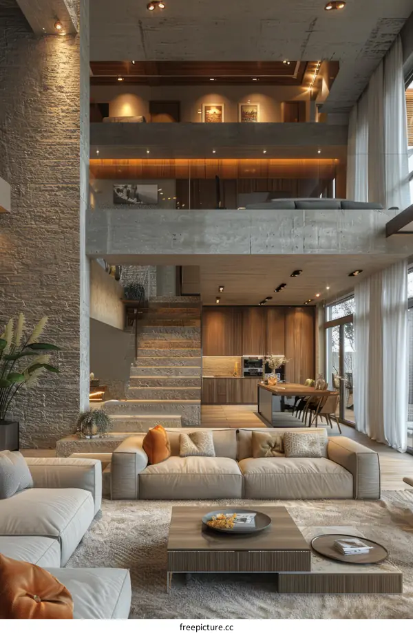 Modern interior design living room with stone wall and wooden staircase