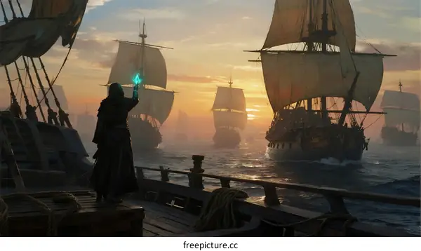 Pirate with glowing blue staff stands on deck facing sailing ships at sunset
