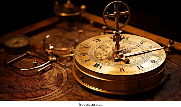 Ornate Golden Astrolabe and World Map