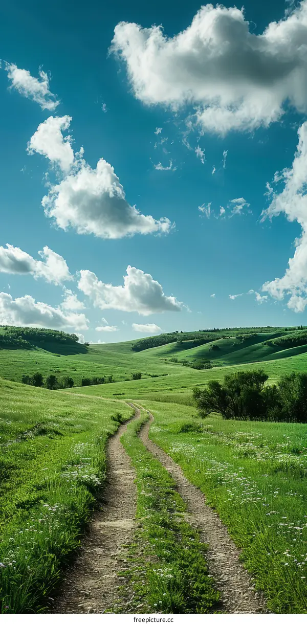 Countryside dirt road through green rolling hills