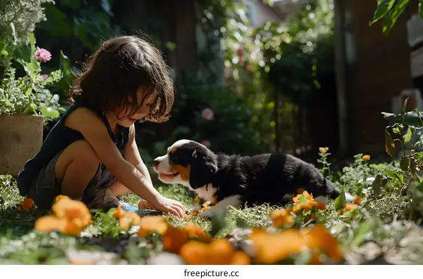 Little Girl Playing with Puppy in the Garden