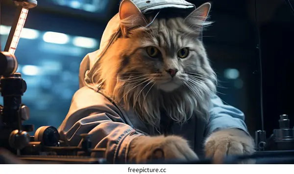 A cat wearing a hat and jacket is sitting in front of a control panel.