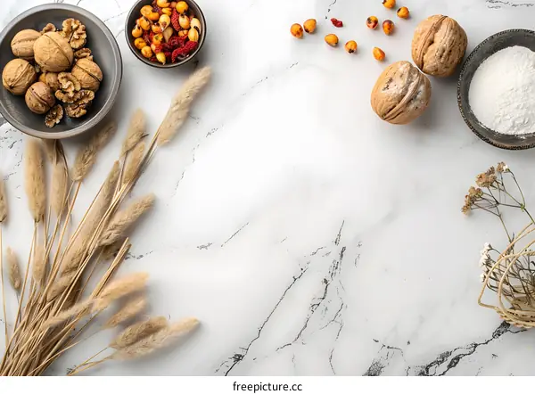 White Marble Background with Dried Flowers, Nuts, Berries, and Flour