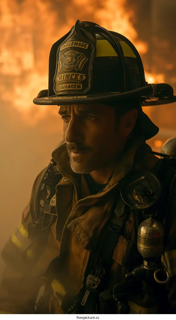 Firefighter in protective gear and breathing apparatus at work