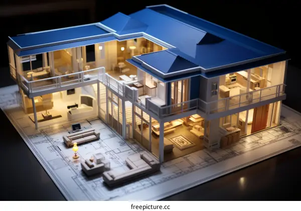 A 3D rendering of a modern house