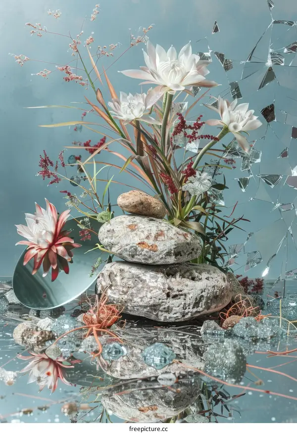 Still life with flowers and rocks