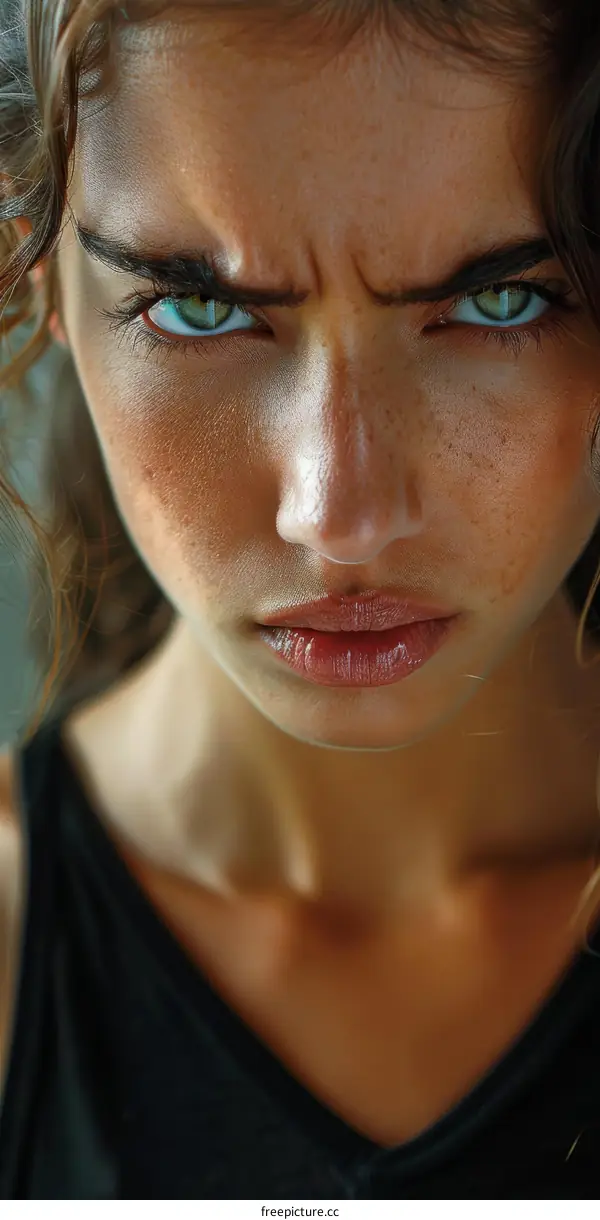 Close-up Portrait of Young Woman with Intense Expression