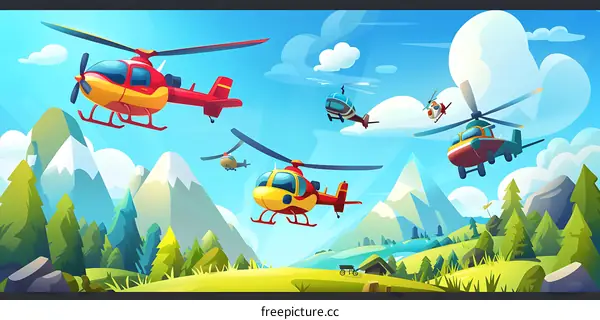 Cartoon Illustration of Helicopters Flying Over Mountains