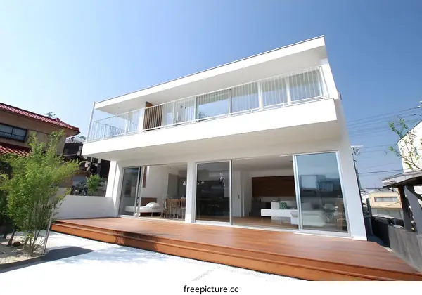 Modern White House with Wooden Deck and Sliding Glass Doors