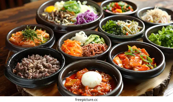 Korean Food Dishes with Spicy Sauce, Vegetables, and Meat